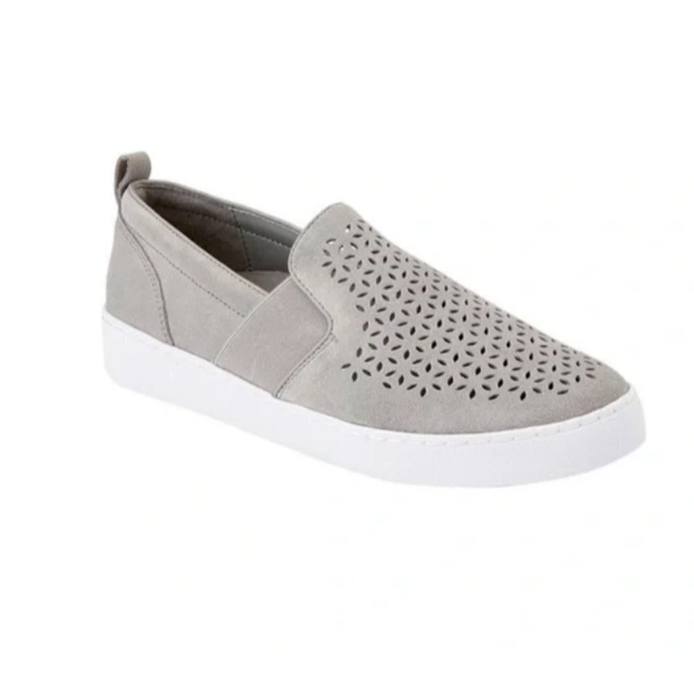 Vionic KANI Gray Laser Cut Suede Slip-On Shoes Sneakers Size 8.5